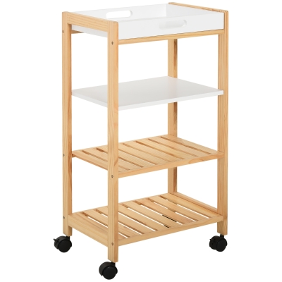 HOMCOM Küchenwagen, Küchenrollwagen, Servierwagen mit Ablage, Abnehmbares Tablett Kiefer Weiß+Natur 40 x 30 x 76 cm