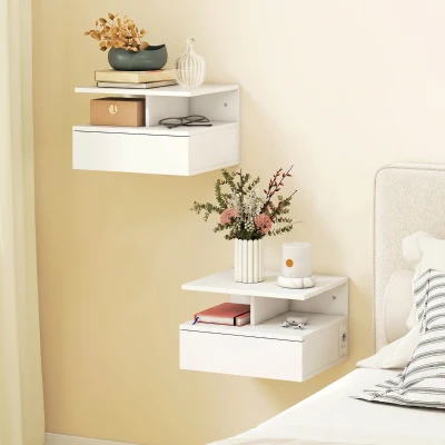 HOMCOM Set Comodini Sospesi con Cassetto e Ripiano Aperto Bianco