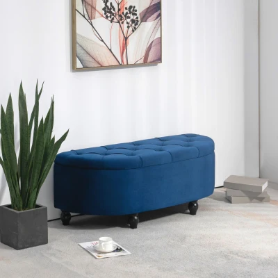 HOMCOM Pouf Rangement Velours Bleu Pieds Bois Noir Capitonné