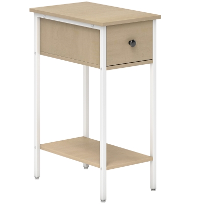 HOMCOM Mesa Auxiliar Estrecha con Cajón Estante Abierto y Estructura Metálica para Salón Dormitorio 25x39,8x58,2 cm Natural