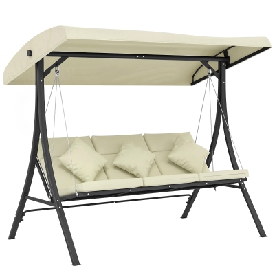 Outsunny Balancín de Jardín Exterior Columpio de 3 Plazas con Toldo Ajustable y Marco de Acero 202x115x168 cm Beige