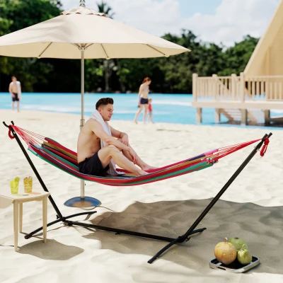 Outsunny Hamac cu Suport 310x117cm pentru Camping cu Înălțime Reglabilă și Geantă de Transport, Capacitate 120 kg, Dungi Portocaliu și Roșu