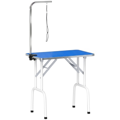 PawHut Mesa de Peluquería Canina Plegable con Encimera Antideslizante Brazo Ajustable 81x48,5x80 cm Azul
