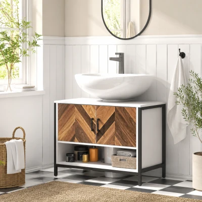 HOMCOM Mueble bajo Lavabo con 2 Puertas y Compartimento Abierto para Lavabo con o sin Pedestal 80x40x60 cm Crema y Nogal