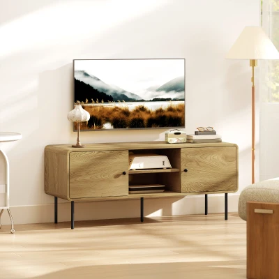 HOMCOM Meuble TV 55" Chêne avec Pieds Acier et Rangement