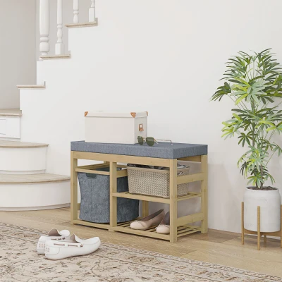 HOMCOM Banco para Sapatos de Bambu Móvel Sapateira com Assento Cesta Amovível e Prateleiras Abertas para 4 Pares de Sapatos 69x30x45 cm Madeira