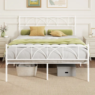 HOMCOM Cama de Casal com Cabeceira de Ripas de Aço e Espaço de Arrumação Debaixo da Cama Carga 330 kg 141,5x198x98 cm Branca