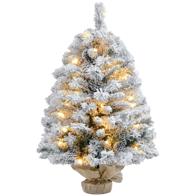 HOMCOM Weihnachtsbaum 92 cm, LED-Lichter, Schneezweige, Tannenzapfen, flammenhemmend, Betonfuß