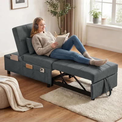 HOMCOM 4-in-1 Klappsessel mit Seitentasche, Gästebett mit Kissen, Verstellbarer Rückenlehne, Bettsessel mit Rollen, Blau