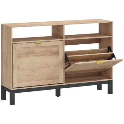 HOMCOM Shoe Cabinet 2 Flip Drawers Narrow Walnut Brown