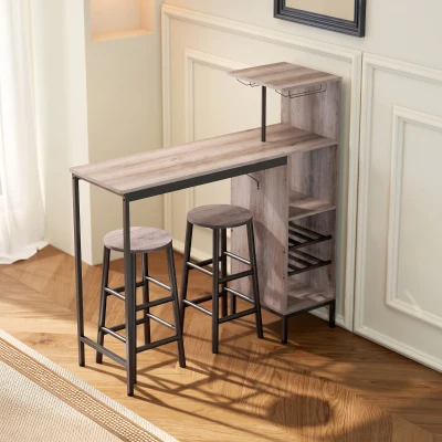 HOMCOM Ensemble Bar 3 Pièces avec Rangement et Tabourets Gris