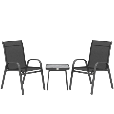 Outsunny 3 Pieces Outdoor Bistro Set - Patio Stackable Armchairs with Breathable Mesh Fabric and SPC Board Coffee Table, Black