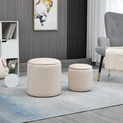 HOMCOM Set di 2 Pouf Contenitore Imbottiti in Velluto Bianco