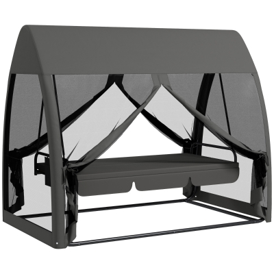 Outsunny 3-Sitzer-Terrassen-Schaukel, Veranda-Schaukel mit Bettfunktion, Hollywoodschaukel mit Mückennetz und Stahlrahmen, Grau