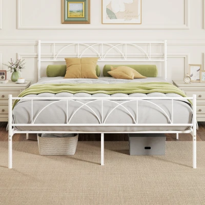 HOMCOM Cama de Casal com Cabeceira de Ripas de Aço e Espaço de Arrumação Debaixo da Cama Carga 330 kg 161,5x208x98 cm Branca