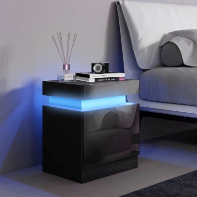 HOMCOM Mesa de Cabeceira com Luz LED Painel de Alto Brilho 2 Gavetas e Controlo Remoto para Dormitório 45x35x52 cm Preto