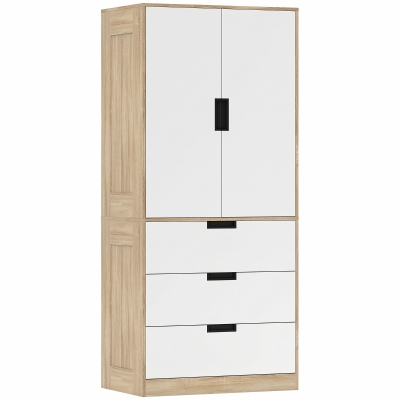 HOMCOM Wardrobe 3 Drawer 2 Door Hanging Rod Oak
