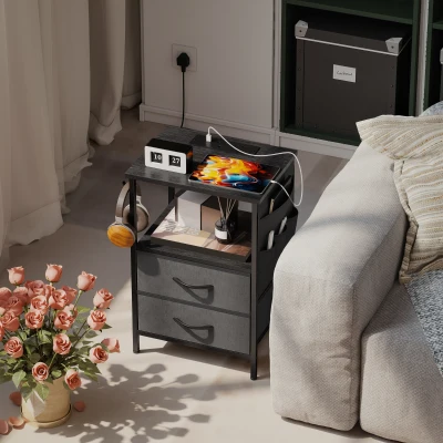 HOMCOM Bedside Table with Charging Station Black