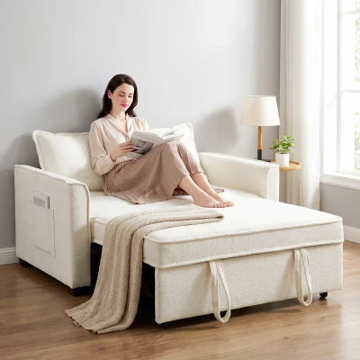 HOMCOM Sofá Cama 2 Plazas 3 en 1 con Respaldo Ajustable Bolsillos Laterales 2 Almohadas para Sala de Estar Blanco Crema