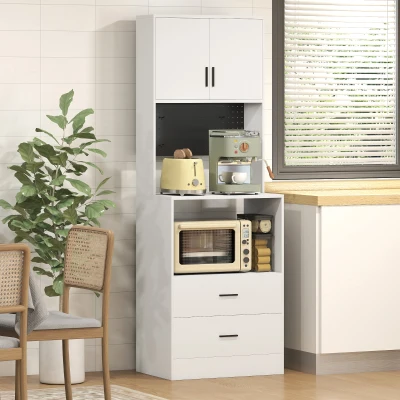 HOMCOM Mueble Auxiliar de Cocina con Soporte para Microondas 2 Cajones 2 Puertas y Panel Perforado de Metal Blanco