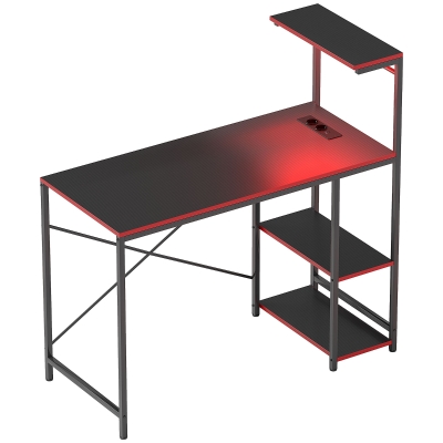 HOMCOM Escritorio Gaming de Fibra de Carbono con Luces LED 110x50 cm Tomas de Corriente Estantes y Control Remoto Negro