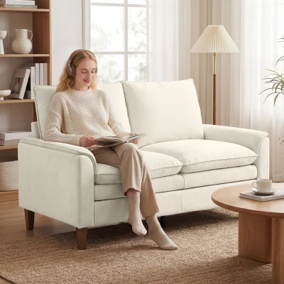 HOMCOM 146 cm Zweisitzer Sofa, Chenille-Sofa mit doppellagiger Polsterung, Federkissen, tiefem Sitz, hoher Rückenlehne, Creme