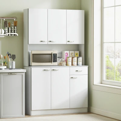 HOMCOM Küchenschrank, Buffet mit Aufsatz, Schubladen, Arbeitsplatte, 101x39x180cm, Weiß/Grau