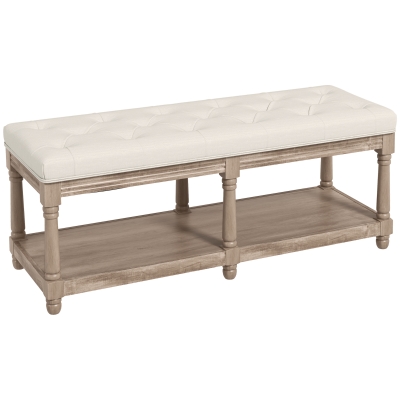HOMCOM Sitzbank mit Stauraum, Vintage-Design, Knopfheftung, Kautschukbaumholz, 115x40x48cm, Cremeweiß