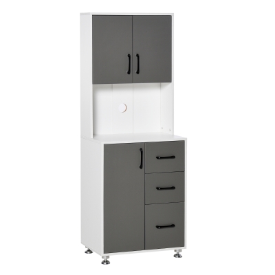 HOMCOM Küchenschrank Hochschrank mit 2 Türen Regal Mikrowellenregal Küchenbuffet mit unterem Aufbewahrungsschrank und 3 Schubladen Kommode Spanplatte Stahl Grau+Weiß 60 x 40 x 160 cm