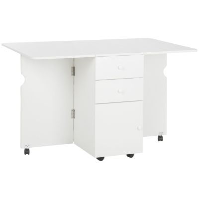 HOMCOM Mesa de Comedor Plegable Alas Abatibles con Ruedas y 2 Cajones Mesa de Cocina Pequeña Estilo Moderno 120x80x75 cm Blanco