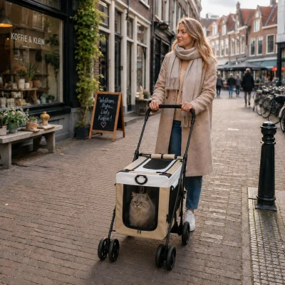 PawHut Hondenbuggy Huisdierbuggy Opvouwbaar met Afneembaar Compartiment, 81 x 58 x 97,5 cm, Zwart+Khaki+Wit