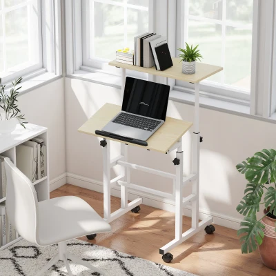 HOMCOM Bureau Réglable 60x60cm Inclinable à Roulettes Métal Naturel