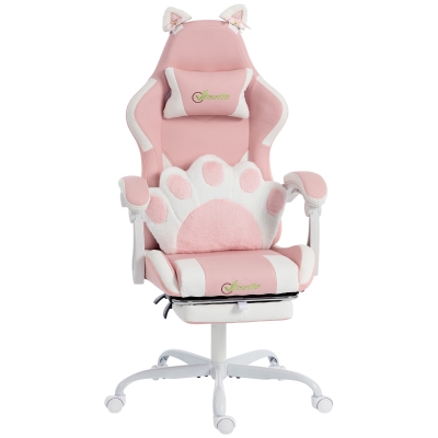 Vinsetto Scaun Gaming Ergonomic Rabatabil, cu Suport Picioare Urechi Pisică Roz