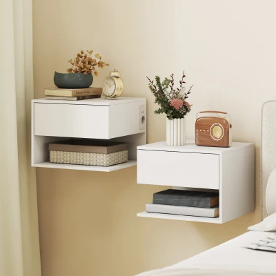 HOMCOM Set 2 Comodini Sospesi con Prese di Corrente, Bianco