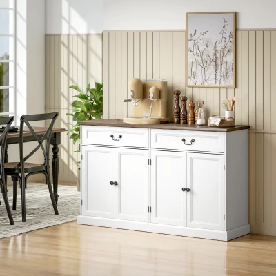 HOMCOM Buffet Salon 4 Portes 2 Tiroirs 140x40x85cm Blanc Marron