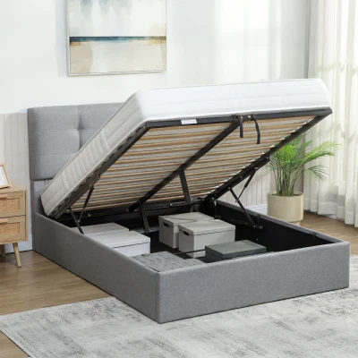HOMCOM Lit Coffre 140x190 avec Sommier Bois et Rangement Gris