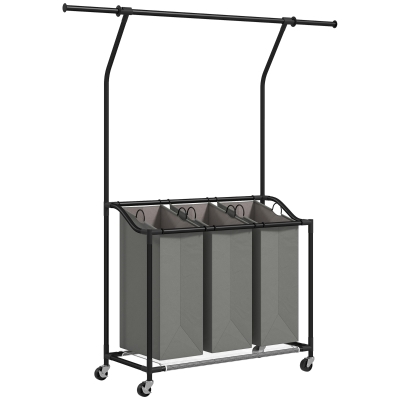 HOMCOM Laundry Sorter Rolling 3-Bag Organiser Dark Grey