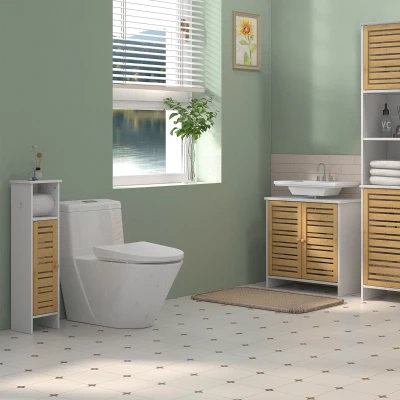 HOMCOM Conjunto de Mueble Bajo Lavabo y Columna Auxiliar con Estantes Ajustables y Puertas de Bambú Blanco y Natural