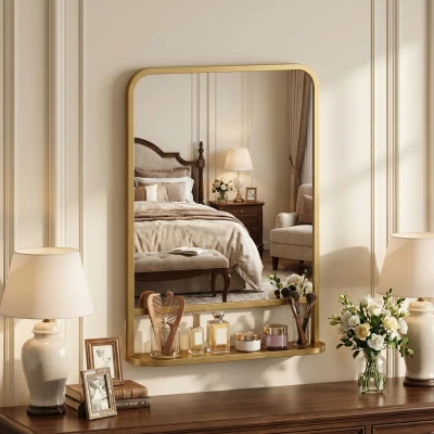 HOMCOM Wall Mirror with Storage Shelf 70x50cm Gold