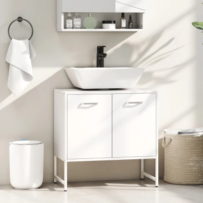HOMCOM Meuble Sous Lavabo Blanc 2 Portes avec Étagère Réglable