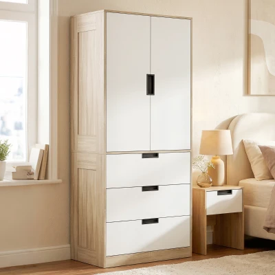 HOMCOM Wardrobe 3 Drawer 2 Door Hanging Rod Oak