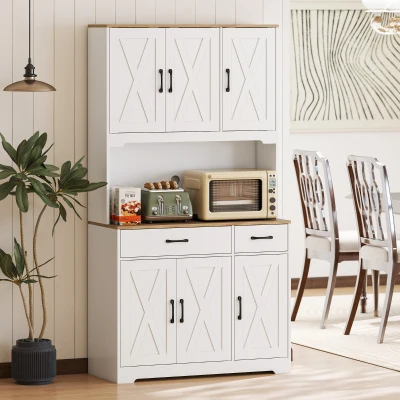 HOMCOM Armário de Cozinha Alto Móvel Auxiliar de Cozinha com Bancada Aberta para Micro-Ondas 2 Gavetas Prateleiras Ajustáveis 94x39,5x175,2 cm Branco