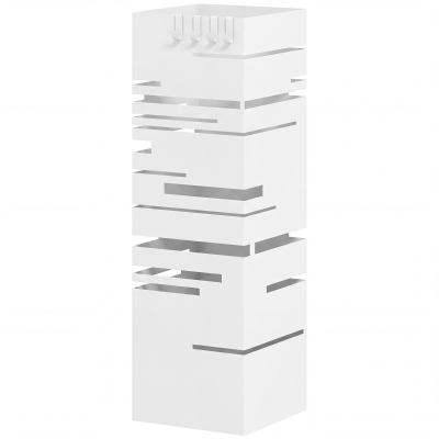 HOMCOM Paragüero Metálico con 4 Ganchos y Bandeja de Goteo Extraíble para Entrada Oficina 15,5x15,5x49 cm Blanco