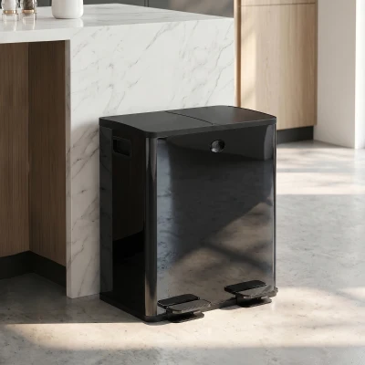 HOMCOM 2 x 20 L Doppelmülleimer, Pedalöffnung, leicht zu reinigen, Edelstahl, Kunststoff, Schwarz