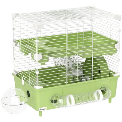 PawHut Gaiola para hamster a 2 níveis com roda de corrida banho de areia para hamster anão 44,5 x 28 x 44 cm verde