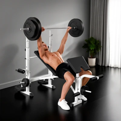HOMCOM Banco de Musculación Inclinable con Soporte para Barra Ajustable Extensión de Piernas y Curl de Predicador para Gimnasio