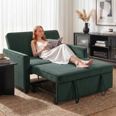 HOMCOM 2-Seater Pull-Out Sofa Bed Adjustable Backrest Dark Green