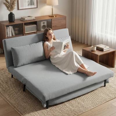 HOMCOM Divano Letto Effetto Lino con 2 Cuscini Grigio Chiaro