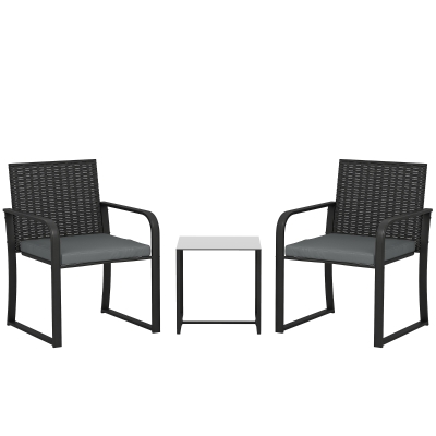 Outsunny Conjunto de Muebles de Jardín de Ratán Sintético con 2 Sillas con Cojines y Mesa con Tablero de Vidrio Gris