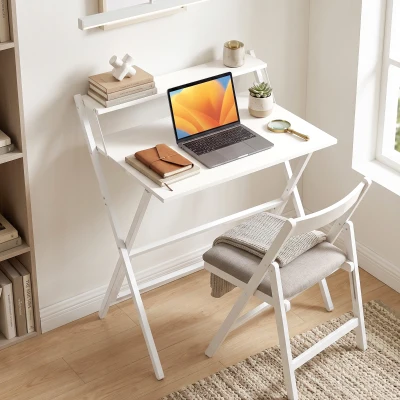HOMCOM Folding Computer Desk with Monitor Shelf 70cm White